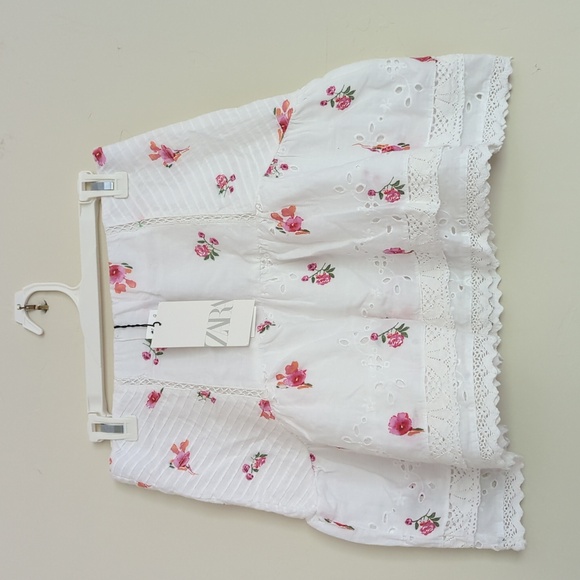 ZARA white pink embroidered lace mini A-line skirt L NWT - Picture 1 of 5